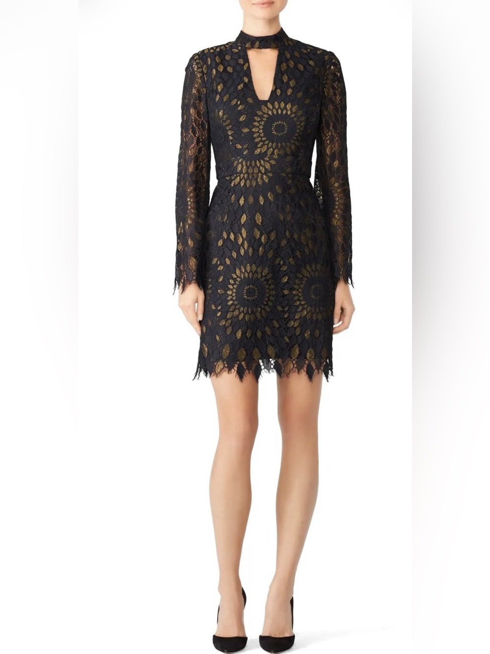Trina Turk Central Lace Dress Black Gold Metallic Choker Long Sleeve Sz 4